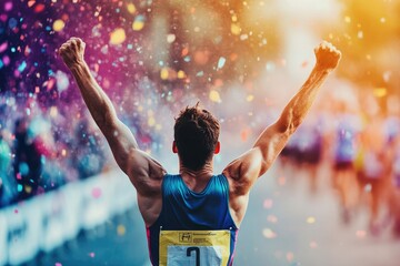 Triumphant Marathon Winner Crossing Finish Line with Colorful Background