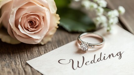 Close-up of pink rose with engagement ring and Wedding text on wooden surface