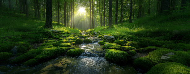 Obraz premium Sunlight streams through a lush forest, illuminating a babbling brook.