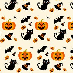 Spooky Halloween Background Pattern Featuring Pumpkins, Black Cats, Witch Hats, Bats. Orange and Black Design Perfect for Autumn Celebrations, Halloween Parties, Trick or Treat Events, Thanksgiving