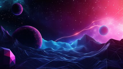 Futuristic cosmic landscape with vibrant neon colors and planets in starry outer space