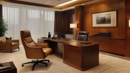 An executive office suite with a large desk, leather chair, and a modern design.