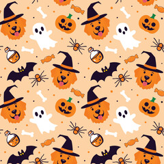 Spooky Paws Halloween Pattern with Golden Retriever, Pumpkins, Bat and Potion