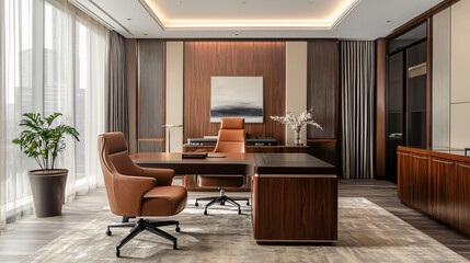 Fototapeta premium An executive office suite with a large desk, leather chair, and a modern design.