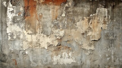 Worn concrete wall with peeling paint revealing layers of urban history, faded graffiti hints, industrial decay, muted browns and grays, vintage grunge, textured, photo-realistic