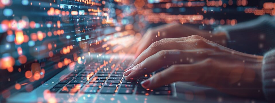 Close up of hacker hands typing on laptop keyboard with binary code on background