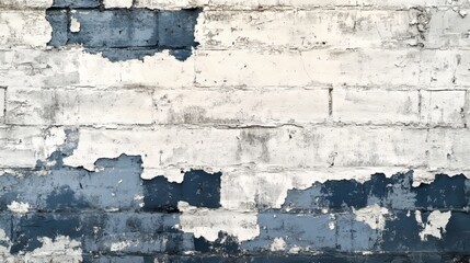 Obraz premium Worn wall with layers of chipped paint, blue and white, exposed bricks, vintage aesthetic, dramatic shadows, minimalist illustration, grunge and rustic textures