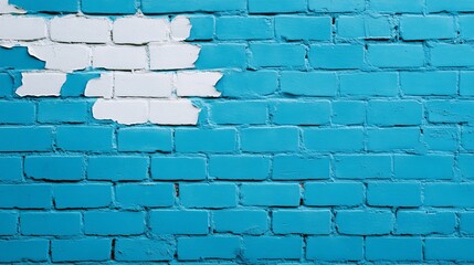 Worn-down wall with faded blue and white paint, exposed red bricks peeking through, detailed textures, front view, symbolizing age and resilience, advanced tone, Monochromatic Color Scheme