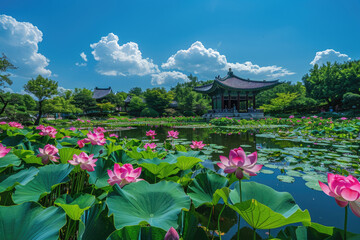 Obraz premium Summer lotus pond, distant pavilion