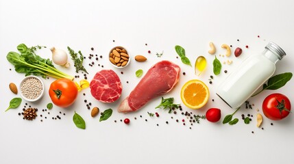 Healthy Food Ingredients on White Background: A vibrant and enticing arrangement of fresh ingredients, featuring red meat, vegetables, nuts, and dairy. This image evokes a sense of wholesomeness