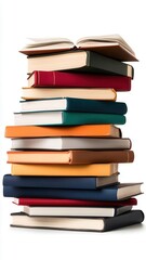 A vibrant stack of books showcasing various colors and sizes, with isolated on white background