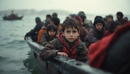 An Albanian migrant refugee boy child in a boat with a crowd of people