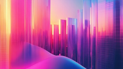 Vibrant futuristic cityscape with colorful skyscrapers at sunset