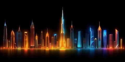 Fototapeta premium Vibrant city skyline illuminated with colorful lights against a black backdrop, showcasing towering skyscrapers and modern architecture.