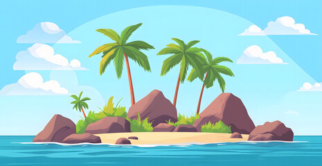 Obraz premium Minimalist Tropical Island Illustration with Palm Trees and Rocks
