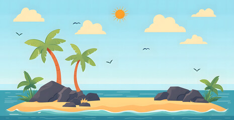 Minimalist Tropical Island Illustration with Palm Trees and Rocks