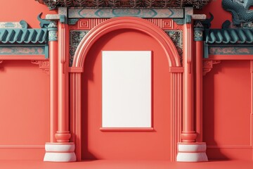 A large white sign is in front of a red building