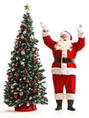 Fototapeta premium Jolly Santa Claus Standing in Front of a Christmas Tree with Arms Raised in Celebration