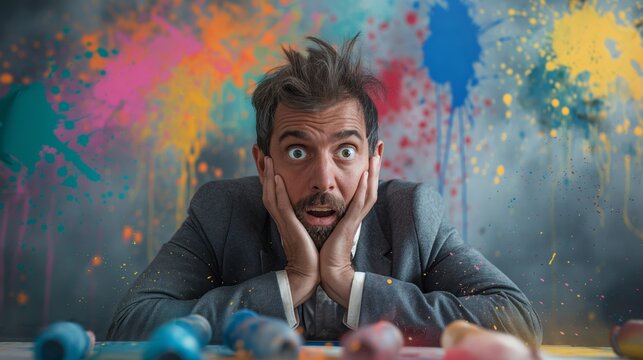 Surprised man with messy hair in a suit, surrounded by colorful paint splashes, expressing creativity and chaos.