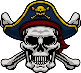 A pirate skull and crossbones jolly roger grim reaper cartoon wearing captain a hat and eye patch