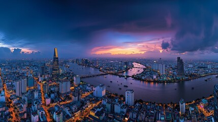 Obraz premium Panoramic of Ho chi minh city or Saigon city at twilight in Vietnam.