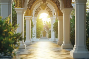 Naklejka premium A long hallway with white pillars and a sun shining through the archway