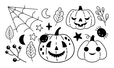 Black and white Halloween pumpkin clipart. Black Pumpkin clipart. Happy Halloween clipart. Kids Halloween hand drawn vector illustration.