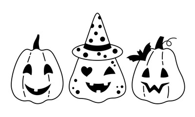 Black and white Halloween pumpkin clipart. Black Pumpkin clipart. Happy Halloween clipart. Kids Halloween hand drawn vector illustration.