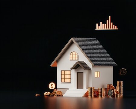 A house surrounded by glowing percentages and financial symbols, with a flat-rate graph hovering above, symbolizing a fixed mortgage
