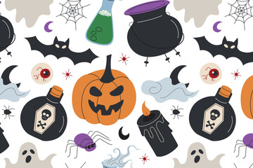 Halloween pattern with pumpkins, bats, ghosts, spooky doodle elements. Vector illustration in flat cartoon style. Perfect for party decoration, festive seamless backgrounds, Halloween designs