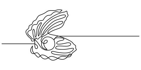Fototapeta premium Continuous one line drawing natural open pearl shell close up. Modern minimalist ison or logo in black and white colors. Vector illustration, Continuous one line drawing of open oyster shell seashell