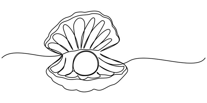 recommend clip art: Continuous one line drawing natural open pearl shell close up. Modern minimalist ison or logo in black and white colors. Vector illustration, Continuous one line drawing of open oyster shell seashell