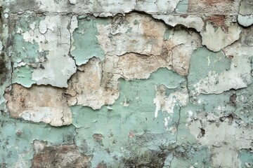 Fototapeta premium Peeling graffiti on an aged urban wall, chipped concrete and worn paint layers, muted grays and faded greens, grunge aesthetic, high texture detail, vintage industrial style