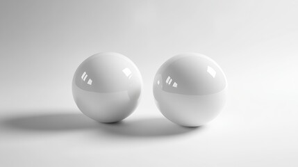 Two white spheres sit on a plain white surface with ample empty space around them.