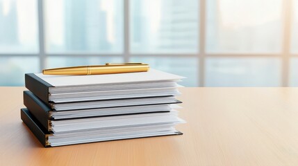 A neatly stacked pile of notebooks with a golden pen on top, set against a bright office backdrop, perfect for organizational themes.