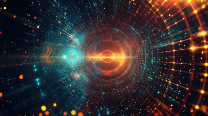 Obraz premium Futuristic digital tunnel with bright light beams, colorful energy lines in a virtual space