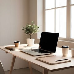 The image shows an empty office interior with a desk featuring a laptop,