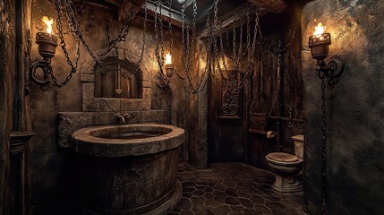 Medieval Dungeon-Themed Bathroom Poster: Embrace Dark Gothic Aesthetics with Stone Walls, Torches, and an Ominous Well - Perfect for Unique Home Decor or Sporty Interior Design!