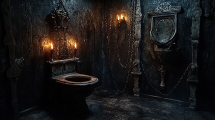 Medieval Dungeon-Themed Bathroom Poster: Embrace Dark Gothic Aesthetics with Stone Walls, Torches, and an Ominous Well - Perfect for Unique Home Decor or Sporty Interior Design!