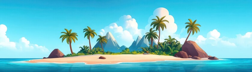 Obraz premium A serene tropical island scene featuring palm trees and a clear blue sky, perfect for travel and nature themes.