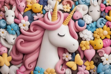 Whimsical unicorn surrounded by colorful flowers and playful characters, perfect for children's themes and vibrant illustrations.