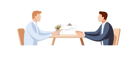 Two people passing a contract across a negotiation table, document exchange, formal business agreement