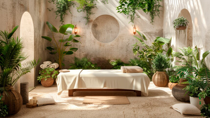 Ayurvedic spa setting, showcasing a massage table with herbal oils and fresh plants around, promoting a natural, healing environment.