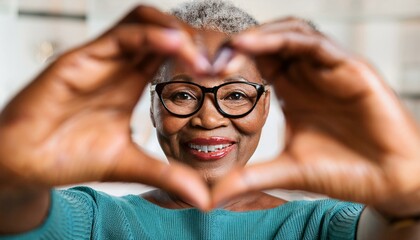 man with glasses Mature woman wears eyeglasses looking at camera through joined fingers showing heart symbol,