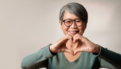 Mature woman wears eyeglasses looking at camera through joined fingers showing heart symbol,