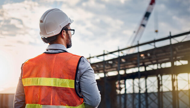 Gerente de ingeniero inteligente con uniforme de seguridad que verifica la construcci&oacute;n
