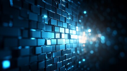 Cyberpunk-inspired brick wall, glowing edges in metallic silver and electric blue, geometric and symmetrical patterns, high-res 3D render, futuristic design