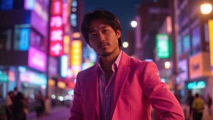 Fototapeta premium Stylish Man in Pink Suit in a City at Night
