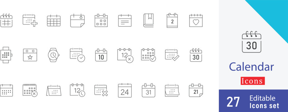 Calendar editable stroke  Icon set. containing  agenda,  holiday,  daily, monthly, yearly, festival, vacation, workweek, schedule more outline icons