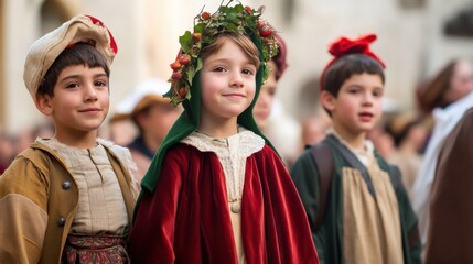 Obraz premium A group of children dressed up in costumes